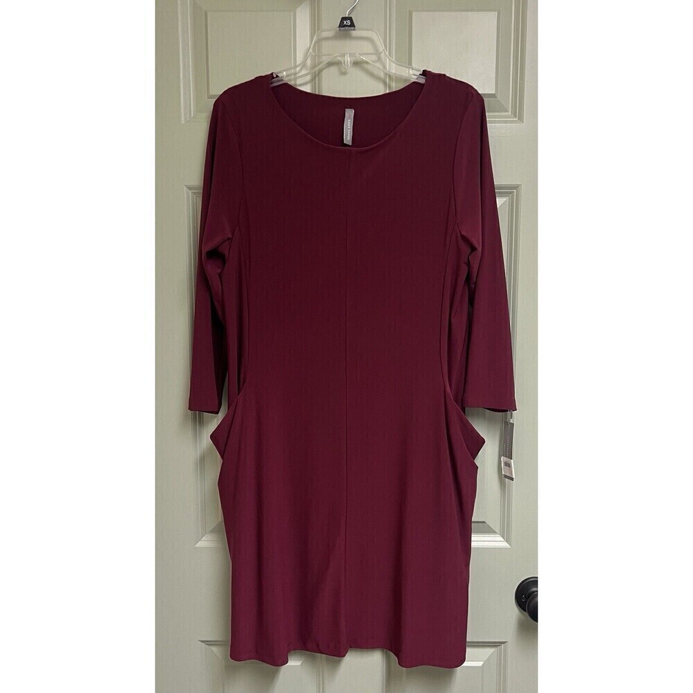 NWT LAST TANGO Burgundy Dress Women Medium Pockets LS Lined Wide Neck Stretch